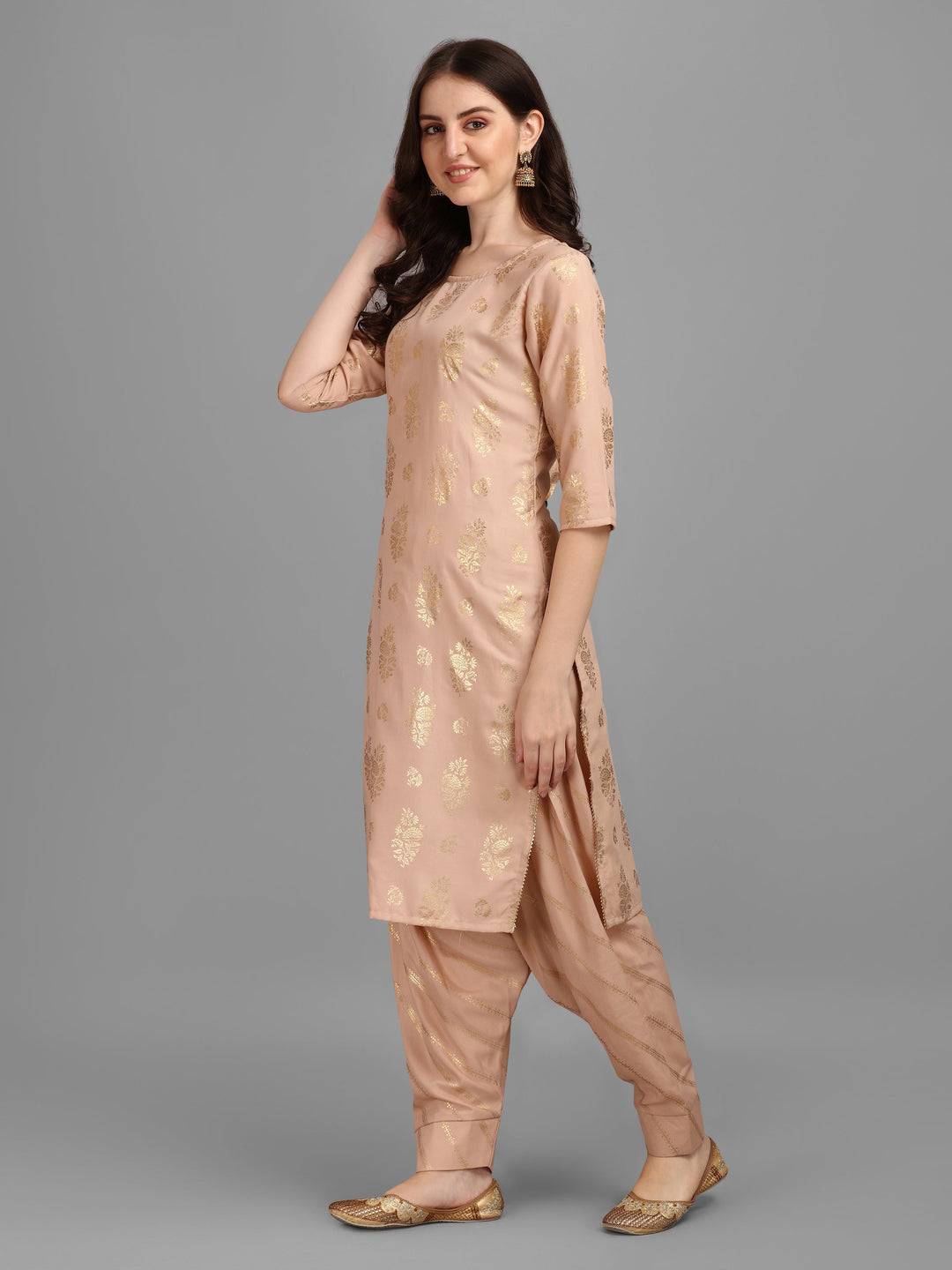 FOIL PRINTED KURTI SALAWAR SET-BEIGE