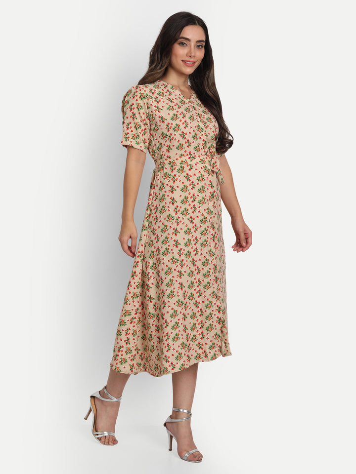 FLORAL PRINTED MIDI DRESS-BEIGE