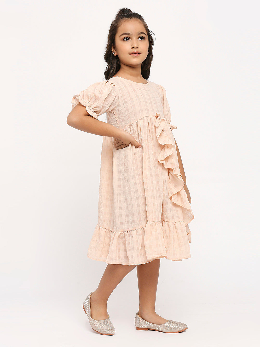 Checked Ruffles Puff Sleeve Georgette A-Line Dress