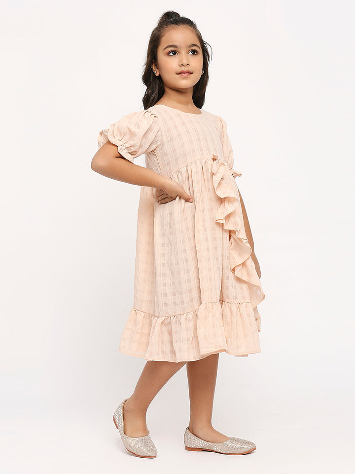 Checked Ruffles Puff Sleeve Georgette A-Line Dress