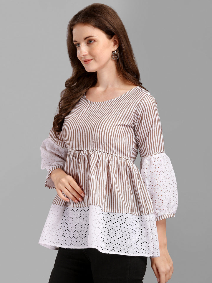 STRIPED PRINTED CHIKANKARI TOP-BEIGE