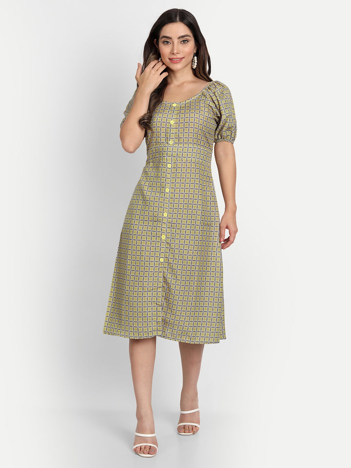 ELEGENT CHECKED AND BUTTONED DRESS - BEIGE