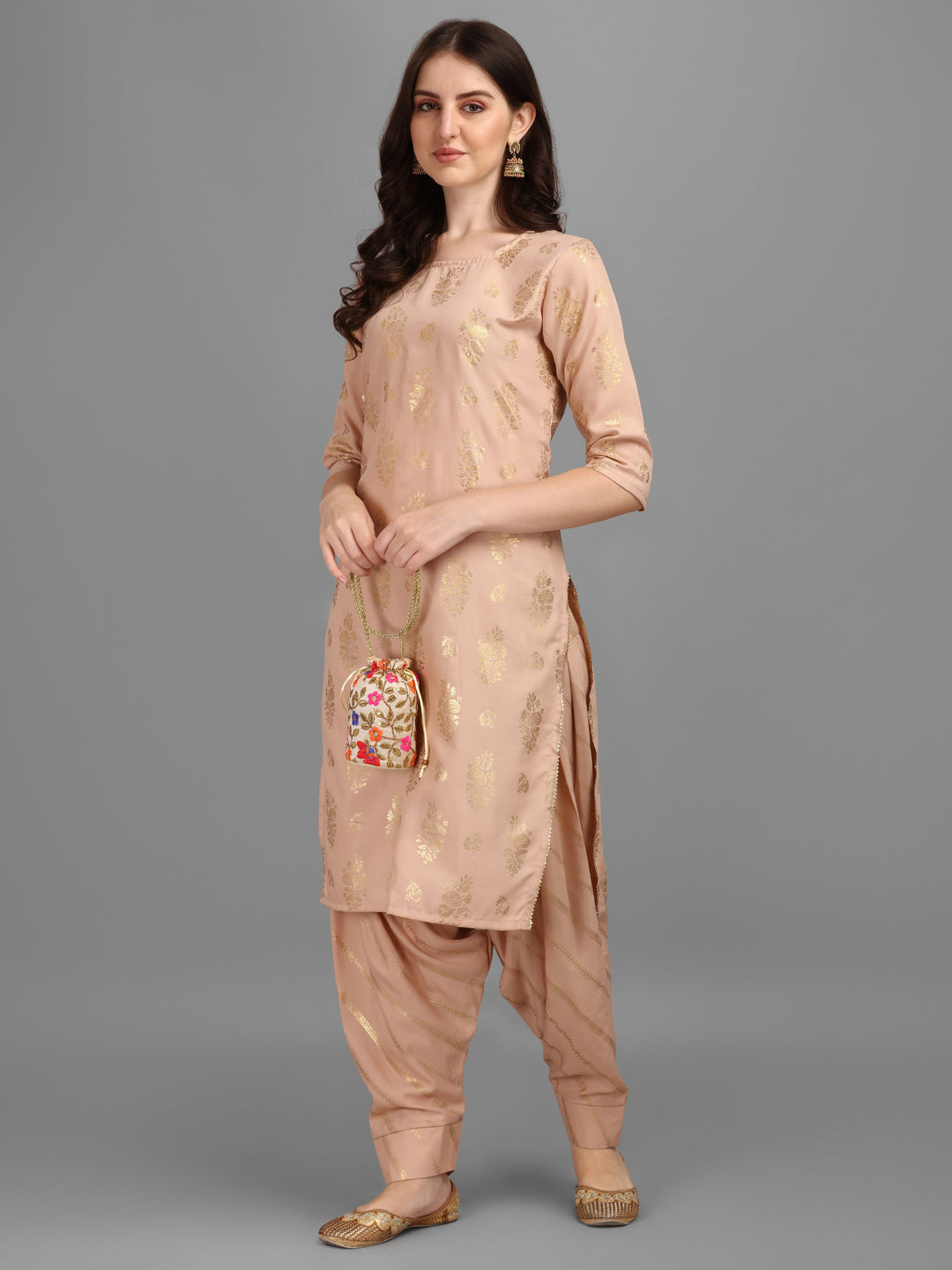 FOIL PRINTED KURTI SALAWAR SET-BEIGE