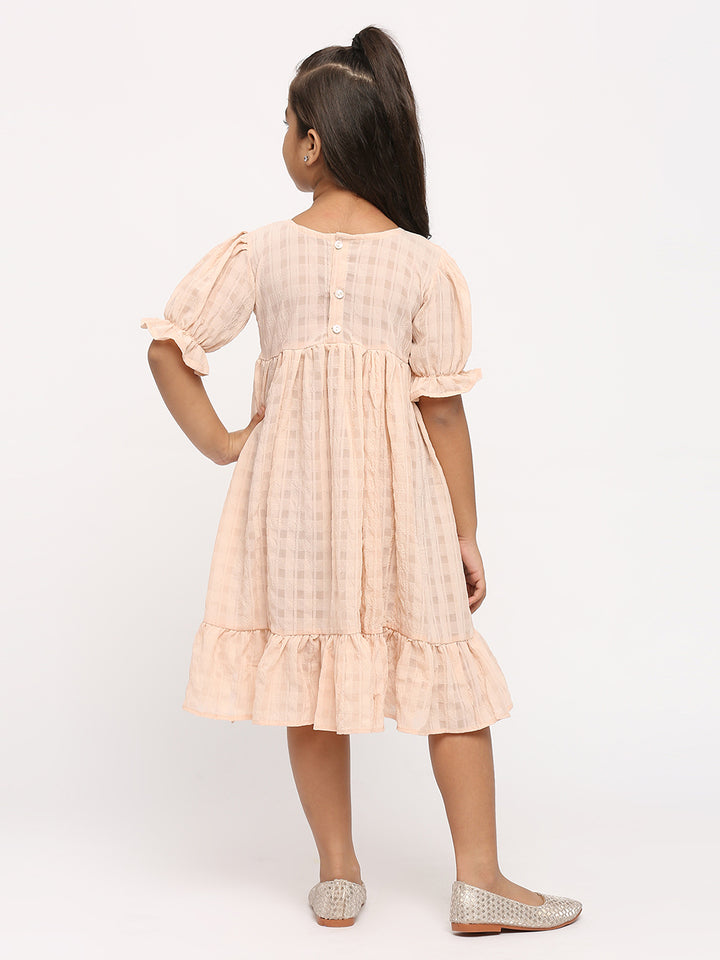 Checked Ruffles Puff Sleeve Georgette A-Line Dress