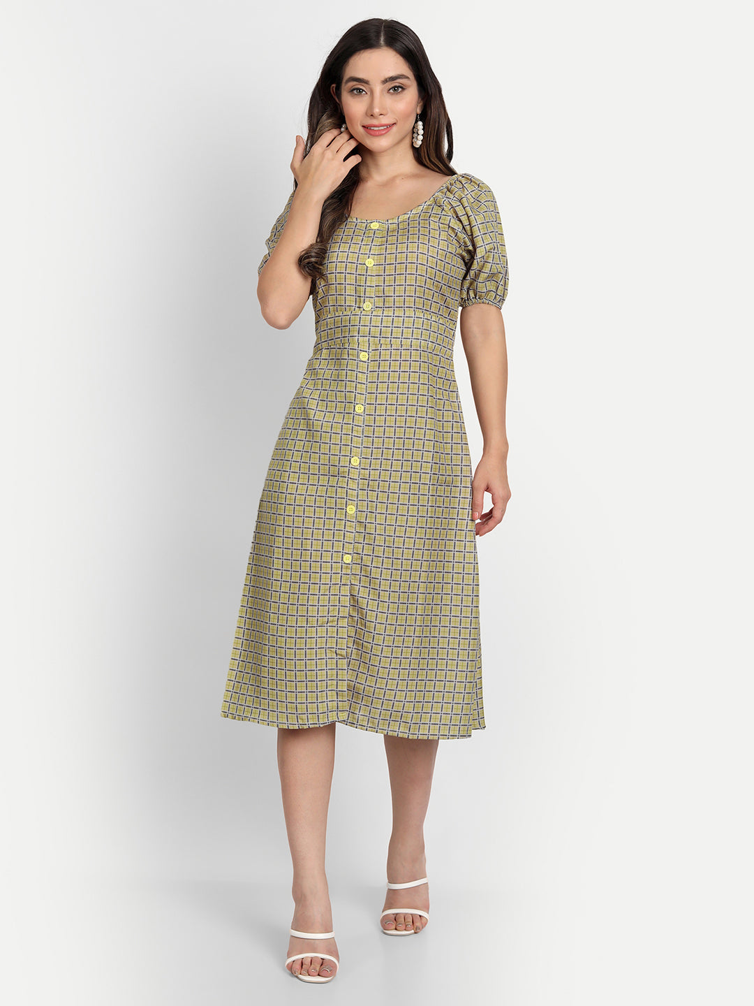 ELEGENT CHECKED AND BUTTONED DRESS - GREEN