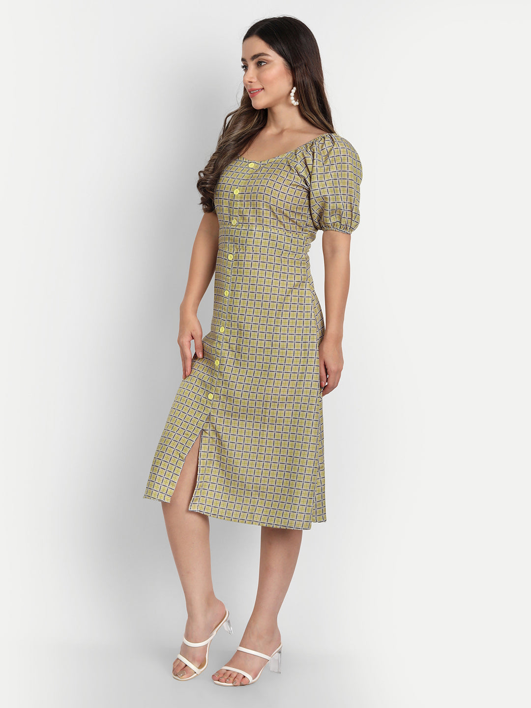 ELEGENT CHECKED AND BUTTONED DRESS - BEIGE