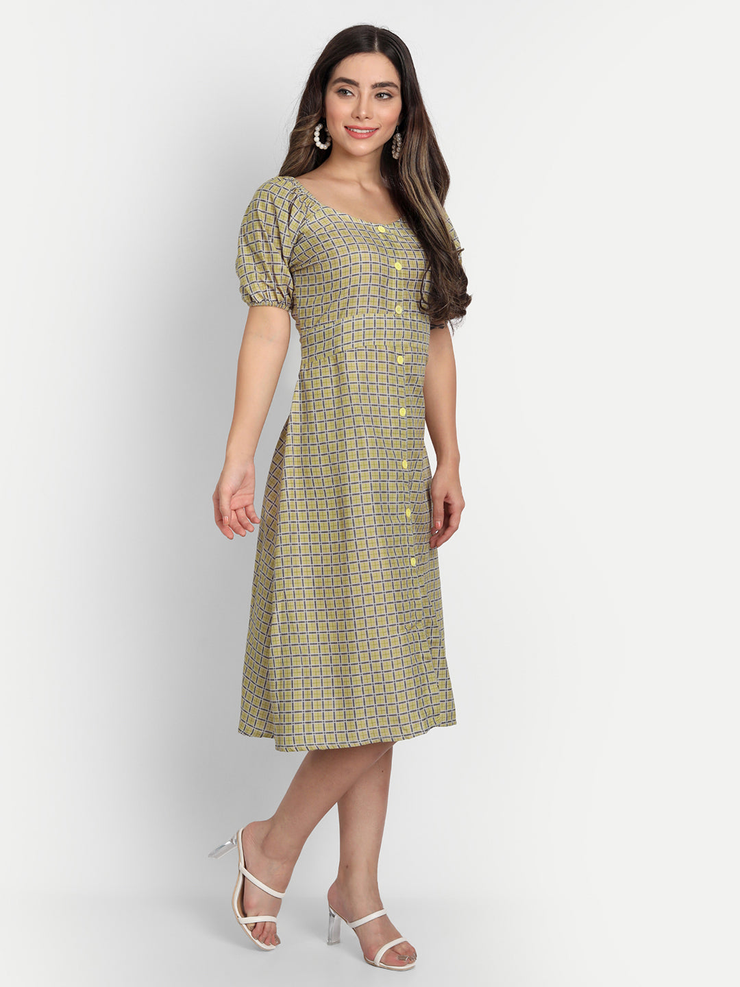 ELEGENT CHECKED AND BUTTONED DRESS - BEIGE