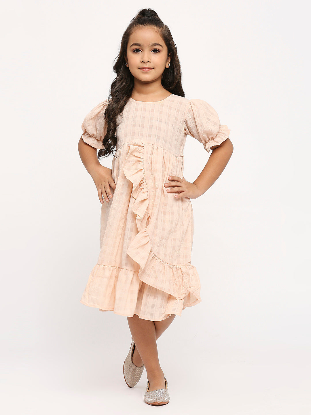 Checked Ruffles Puff Sleeve Georgette A-Line Dress