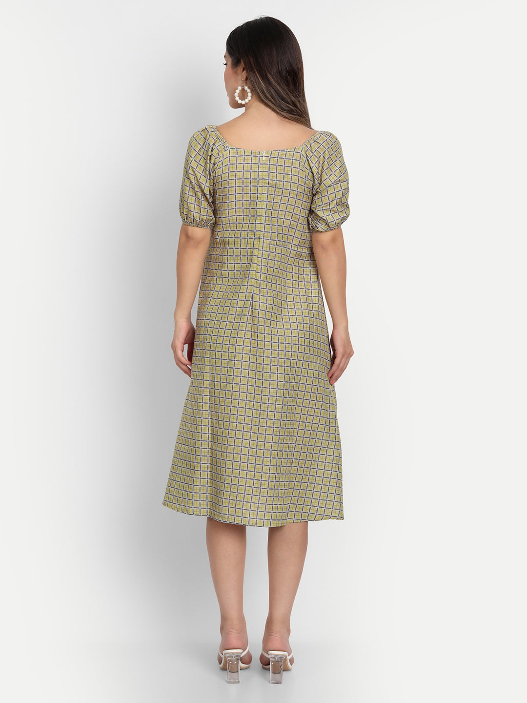 ELEGENT CHECKED AND BUTTONED DRESS - BEIGE