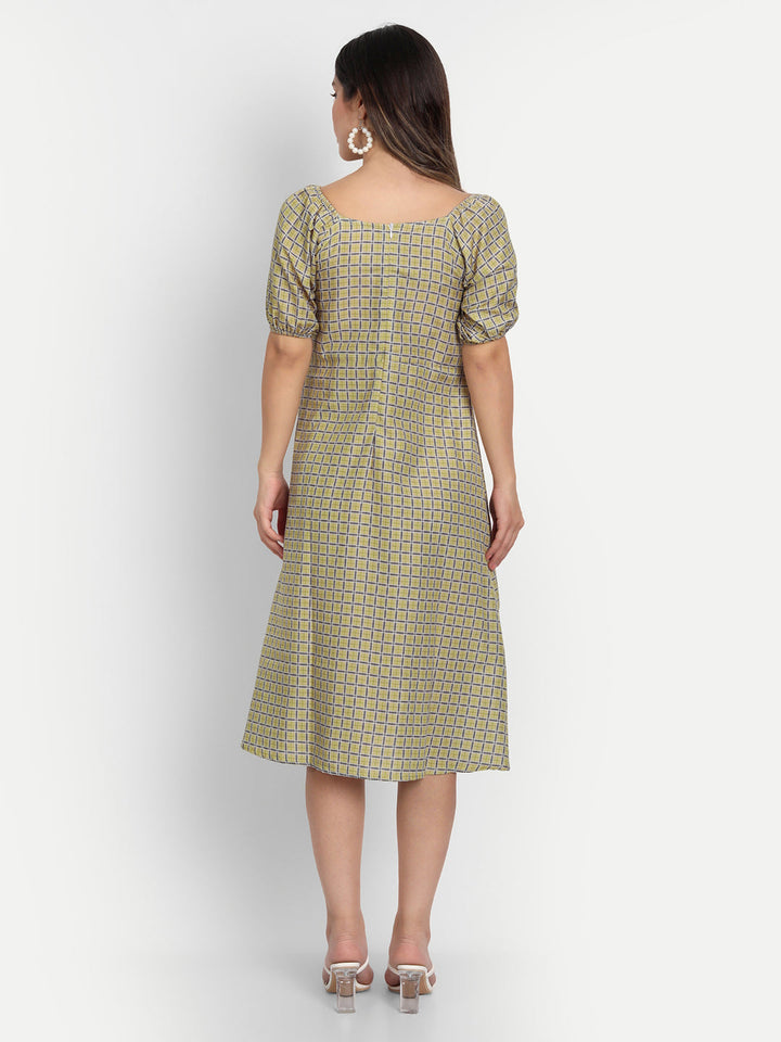 ELEGENT CHECKED AND BUTTONED DRESS - GREEN