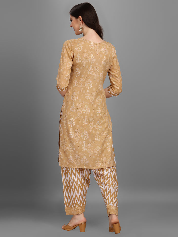 FLORAL PRINTED SALWAR KURTI SET-BEIGE