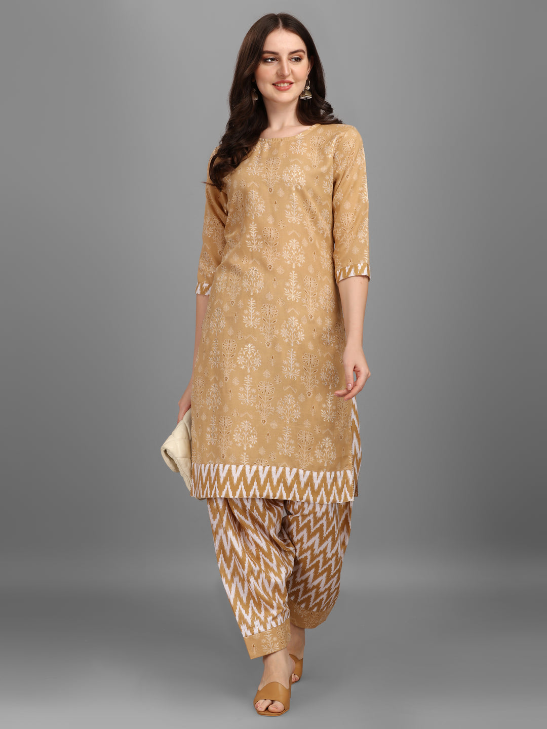 FLORAL PRINTED SALWAR KURTI SET-BEIGE