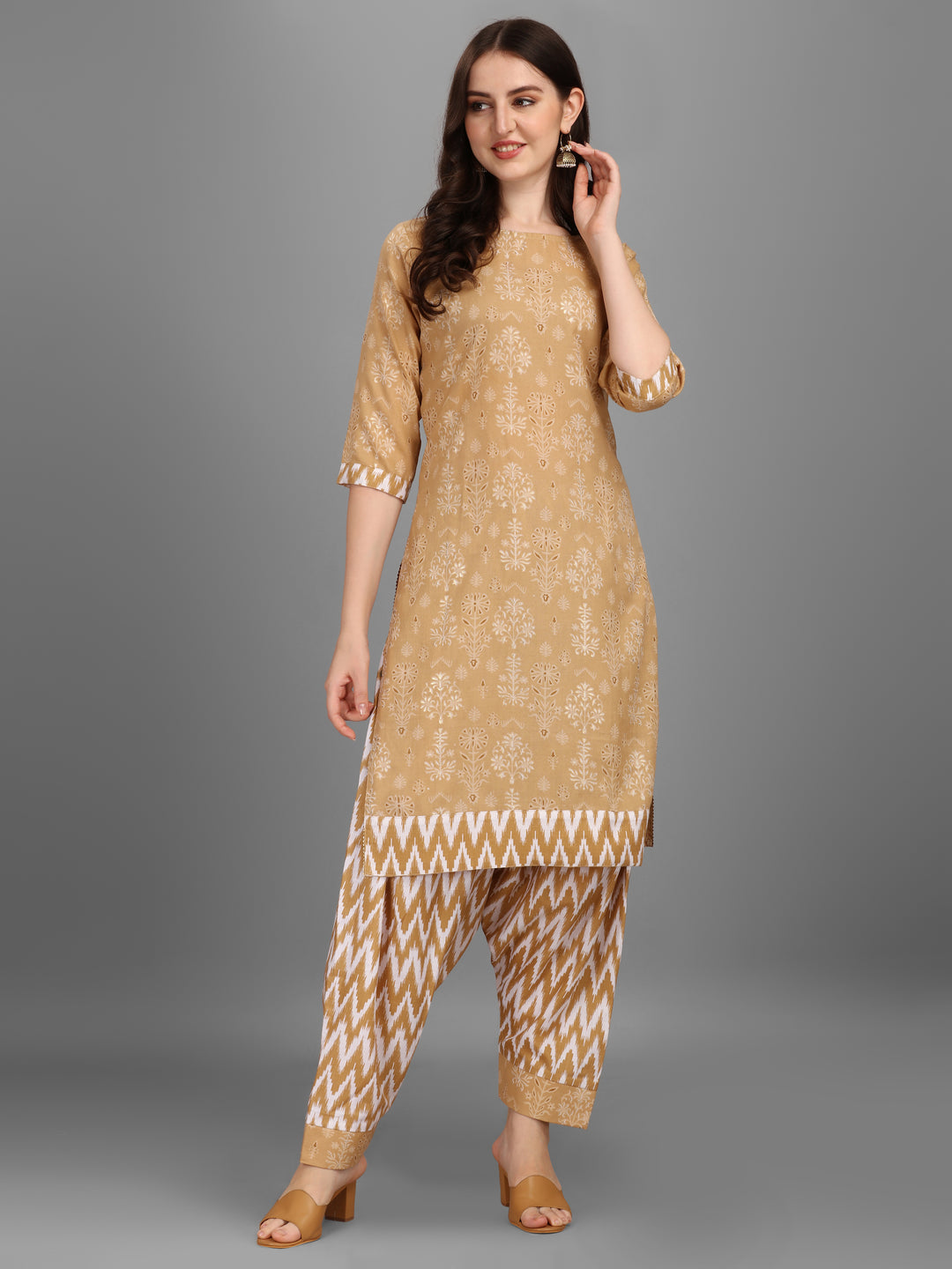 FLORAL PRINTED SALWAR KURTI SET-BEIGE