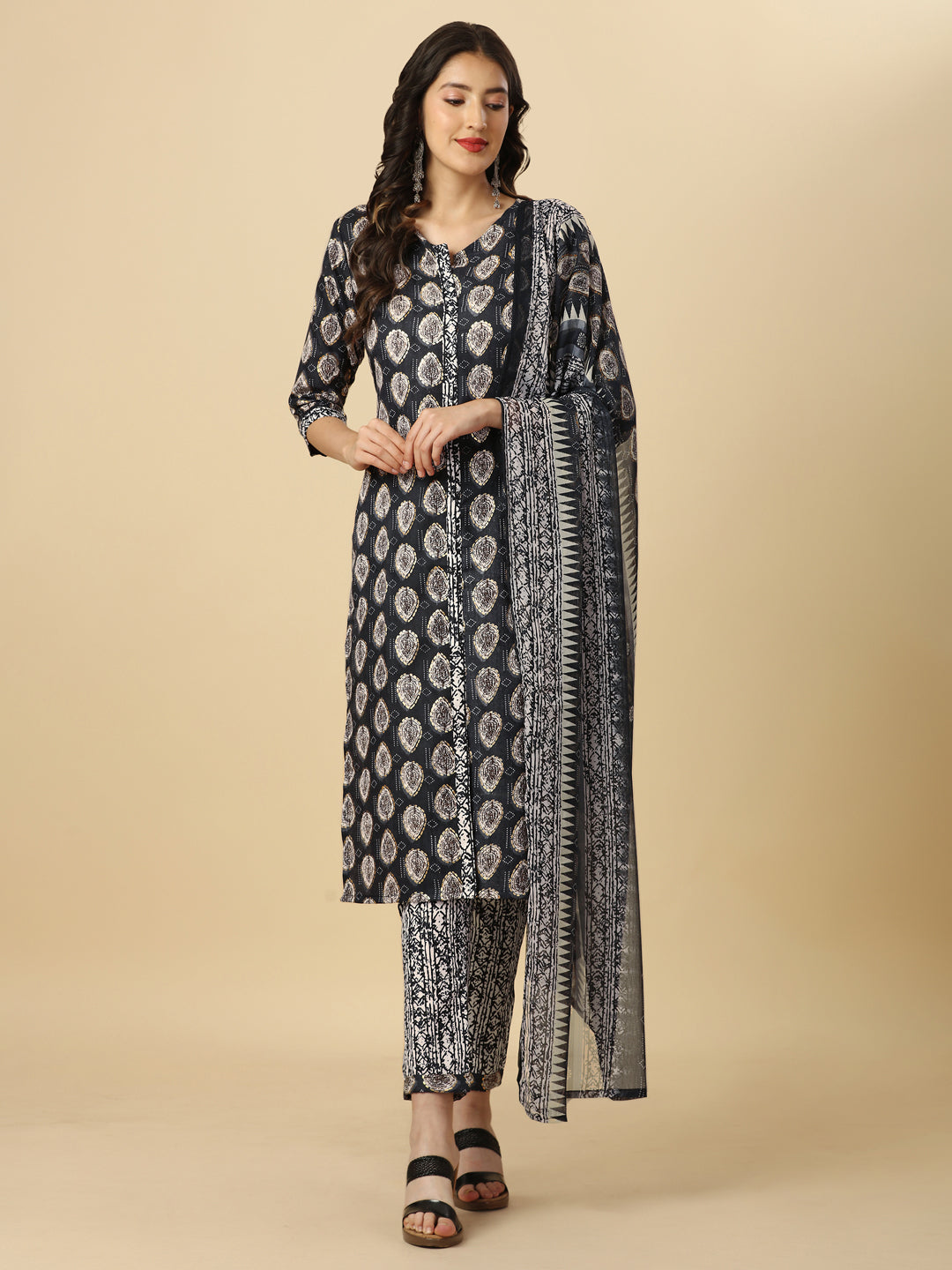 PRINTED KURTI PANT AND DUPATTA SET-YELLOW