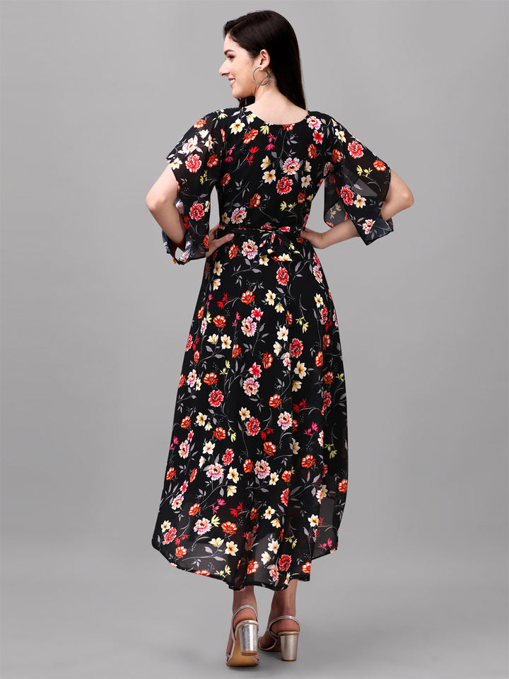 FANCY SLEEVE WITH FLORAL PRINTED GOWN - BLACK