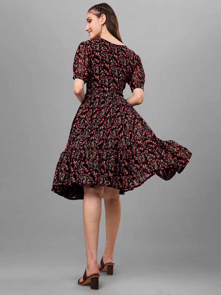 FLORAL PRINTED ELEGANT DROP-WAIST DRESS - BLACK