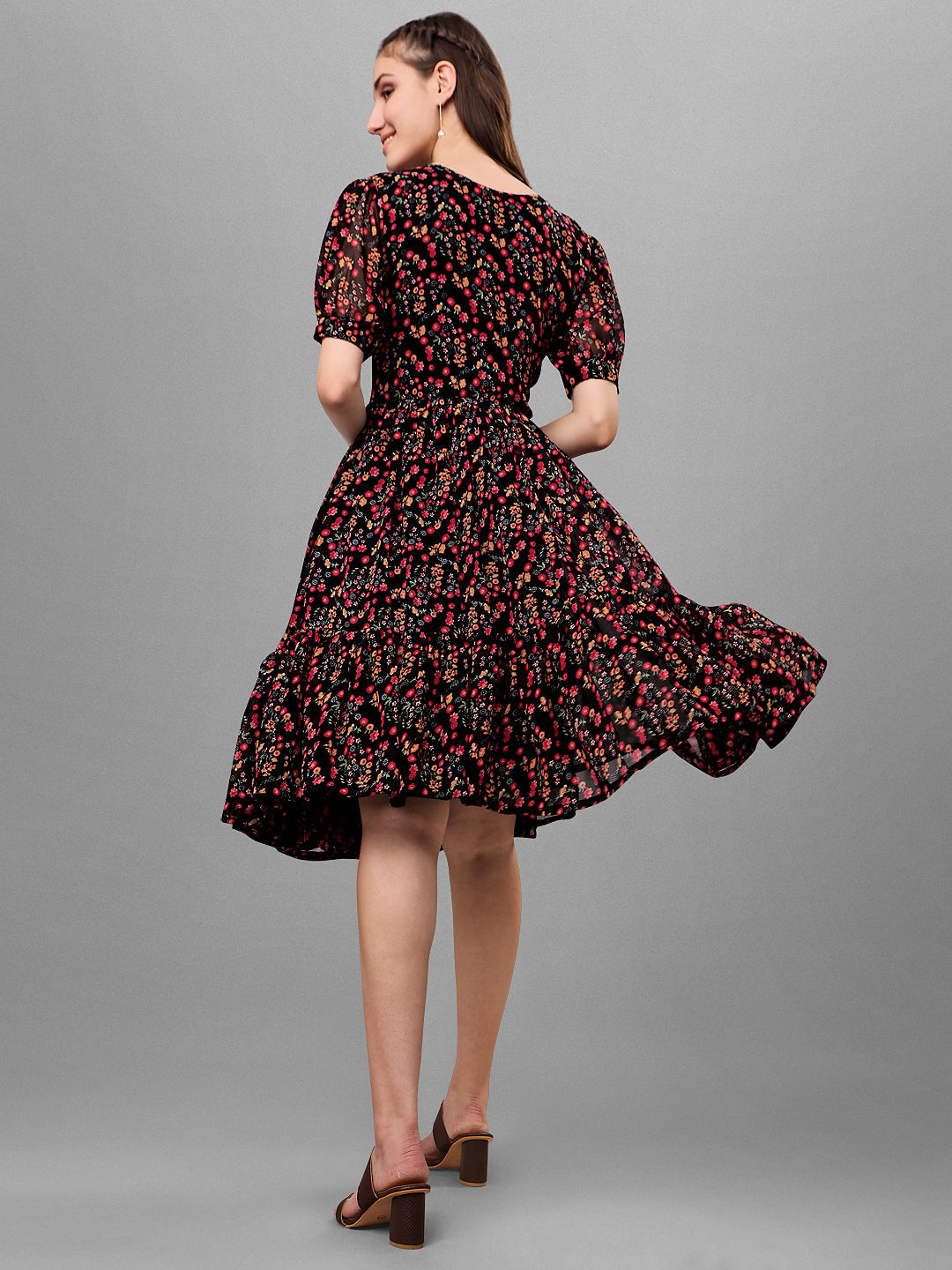 FLORAL PRINTED ELEGANT DROP-WAIST DRESS -MAROON