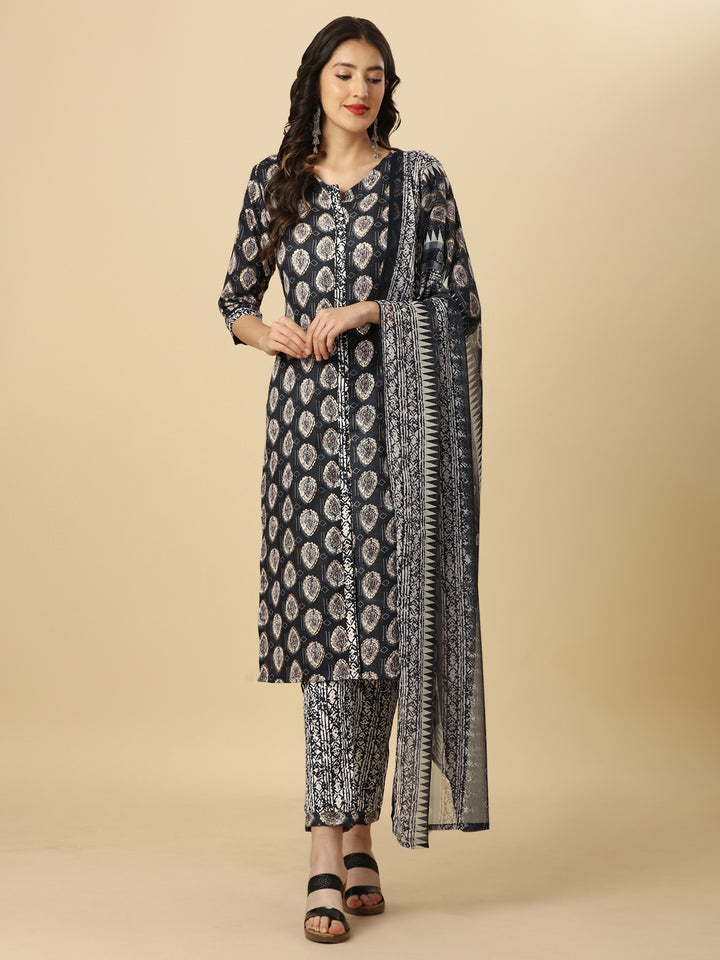 PRINTED KURTI PANT AND DUPATTA SET-BLACK