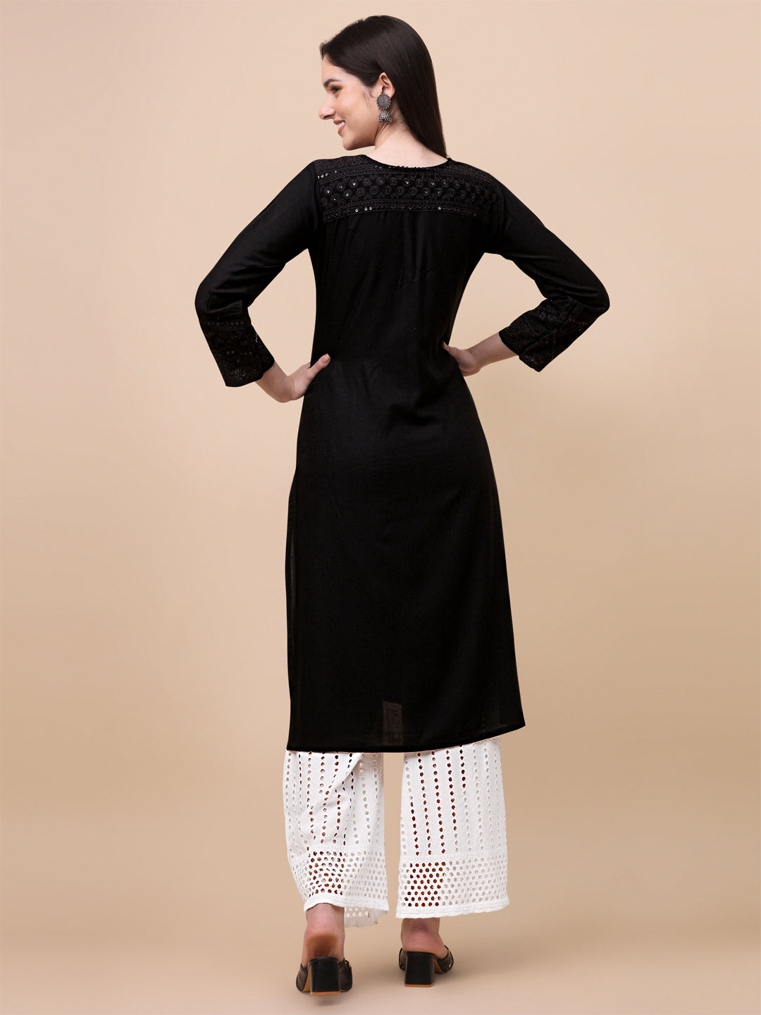 FANCY EMBROIDERY KURTI PALAZZO SET - BLACK