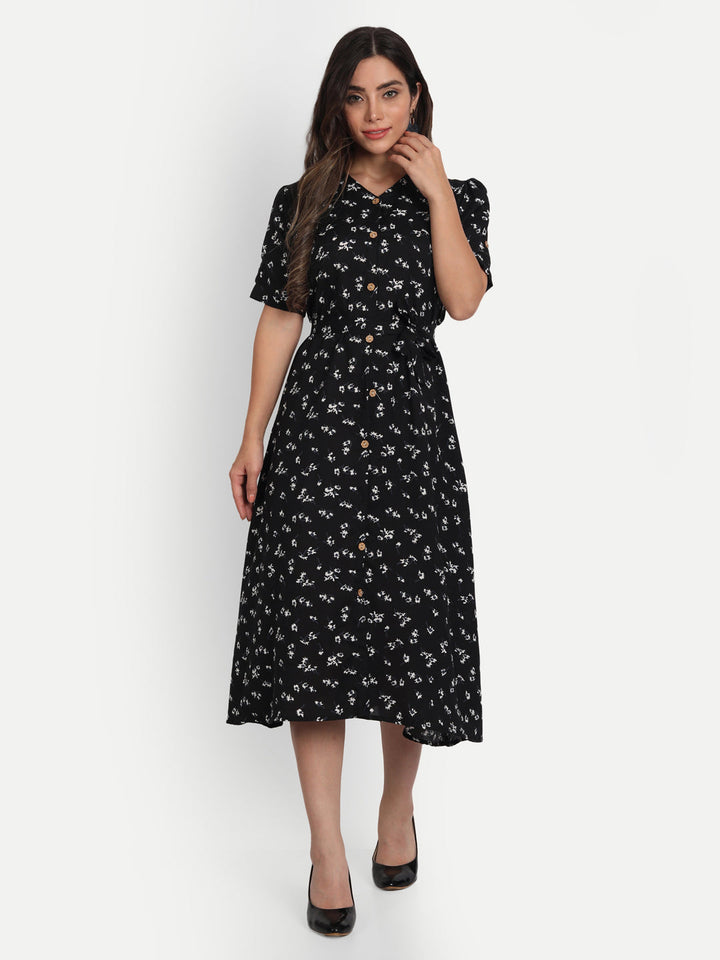 FLORAL PRINTED MIDI DRESS-BLACK