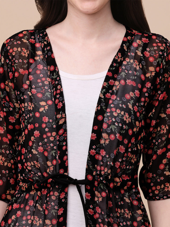 FLORAL PRINTED ELEGANT SHRUG -NAVY BLUE