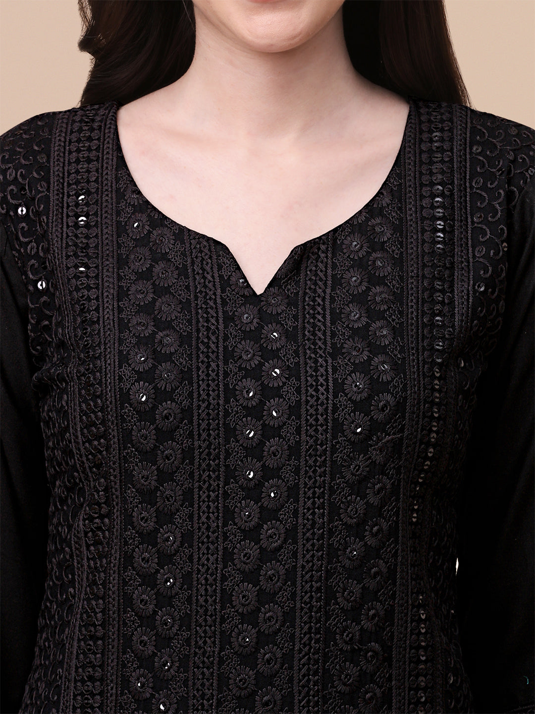 FANCY EMBROIDERY KURTI PALAZZO SET - BLACK