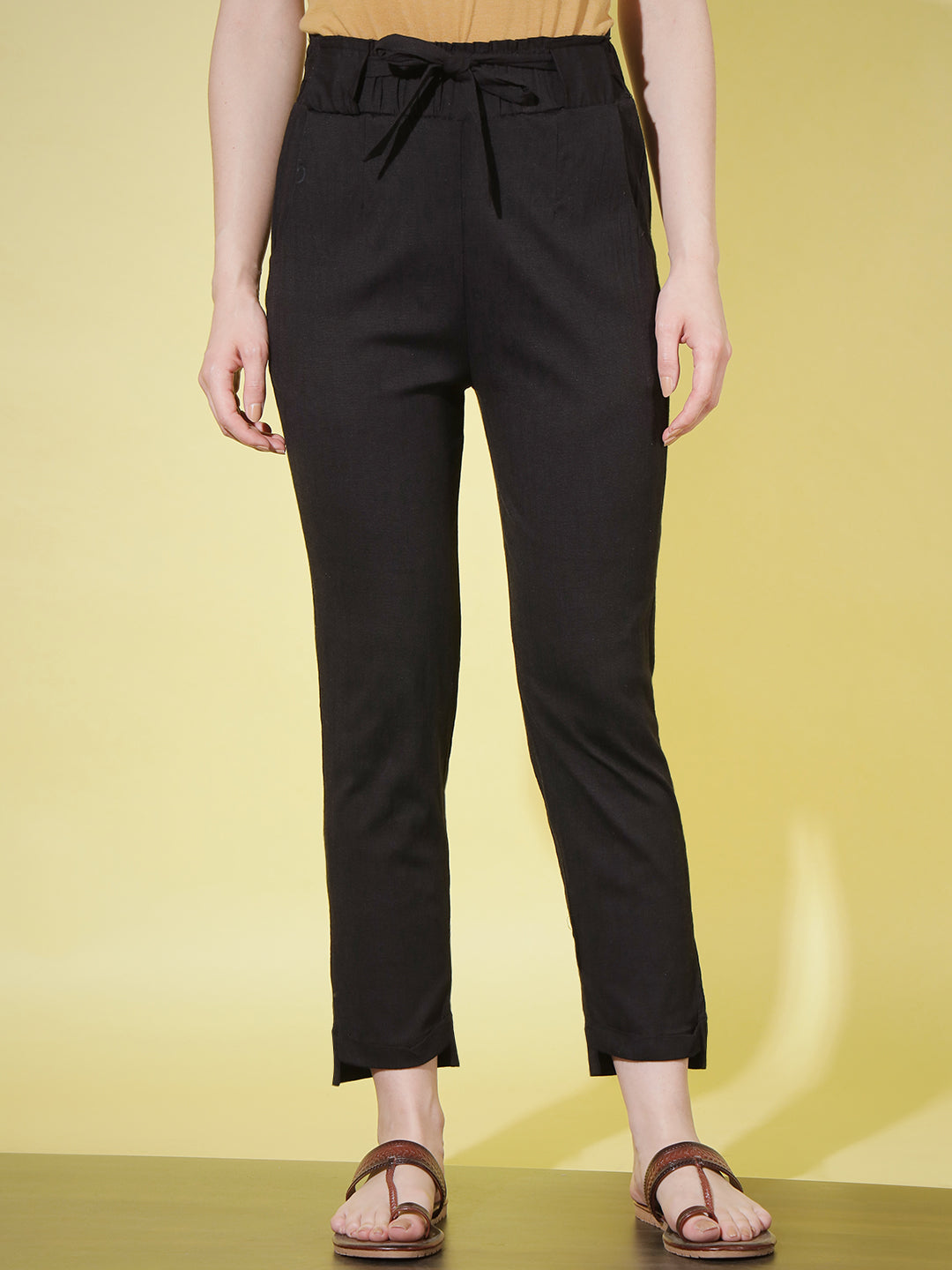 SOLID PANT WITH TIE-UPS - BLACK