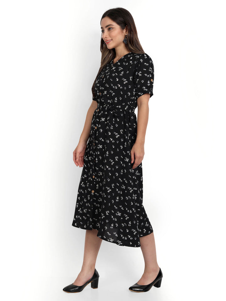 FLORAL PRINTED MIDI DRESS-BLACK