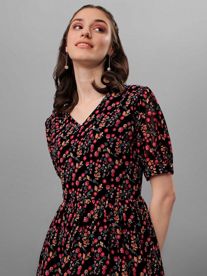 FLORAL PRINTED ELEGANT DROP-WAIST DRESS - BLACK