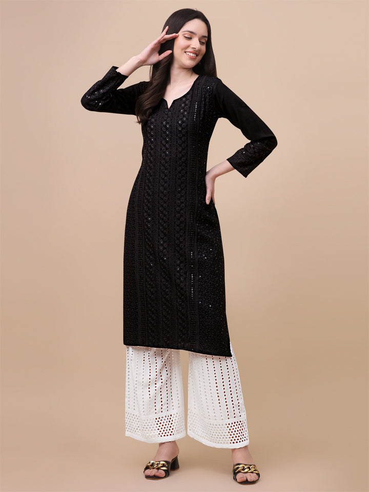 FANCY EMBROIDERY KURTI PALAZZO SET - BLACK