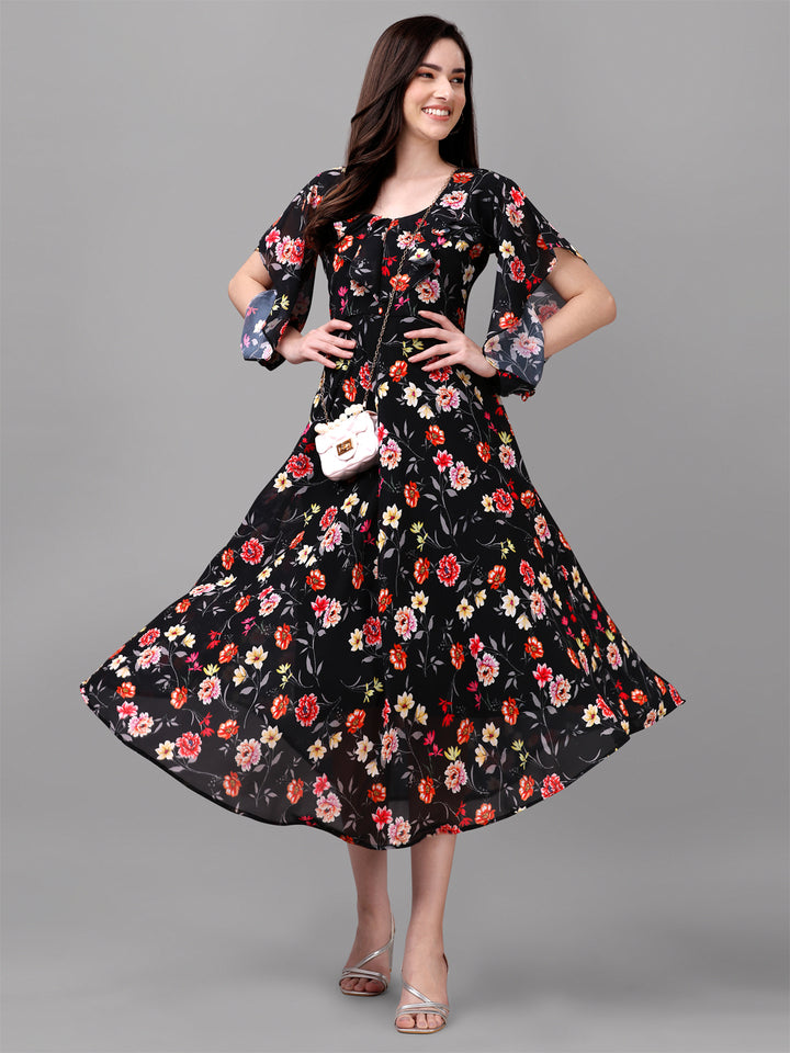 FANCY SLEEVE WITH FLORAL PRINTED GOWN - BLACK