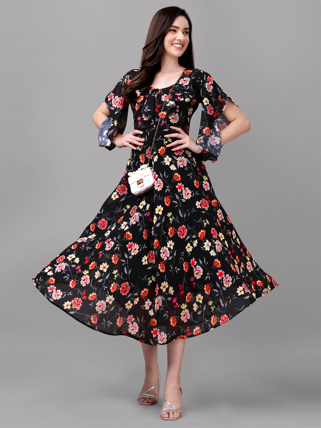 FANCY SLEEVE WITH FLORAL PRINTED GOWN - PINK