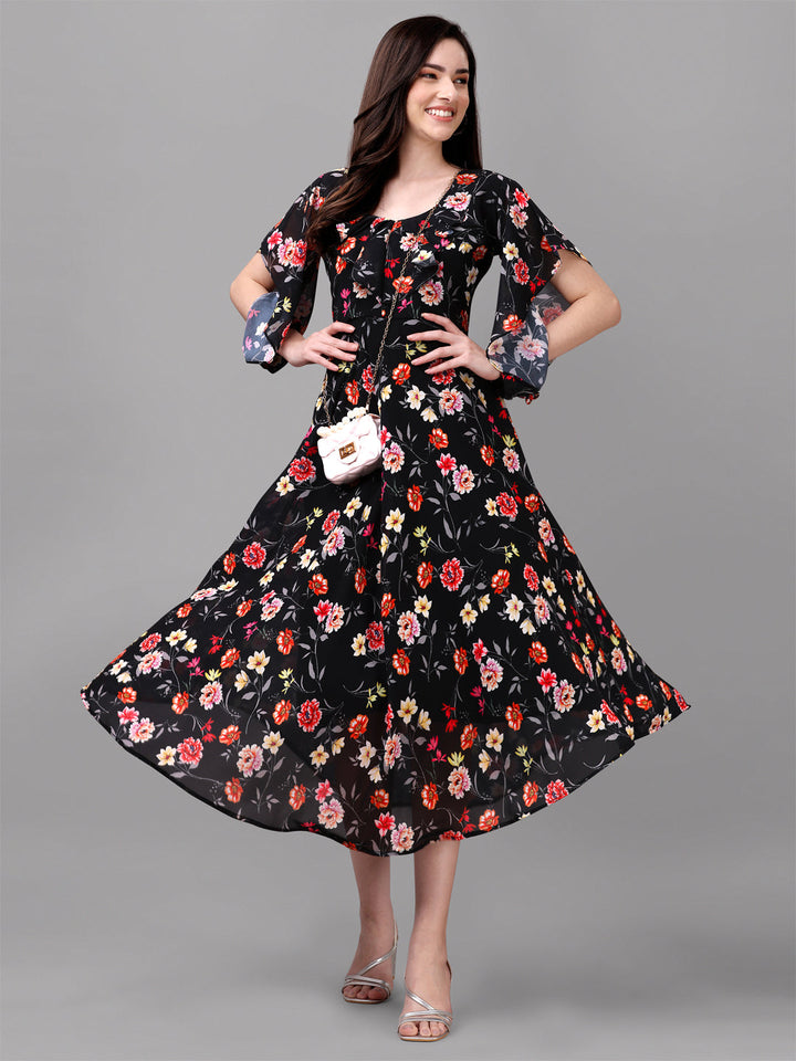 FANCY SLEEVE WITH FLORAL PRINTED GOWN - PINK