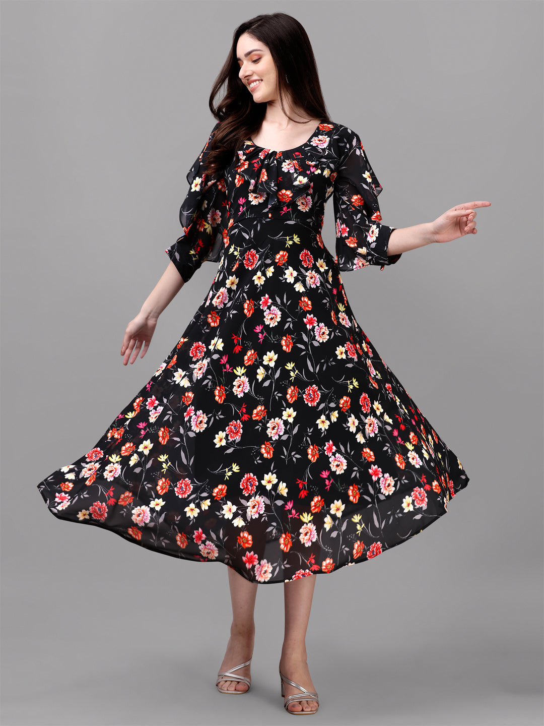 FANCY SLEEVE WITH FLORAL PRINTED GOWN - SKY BLUE