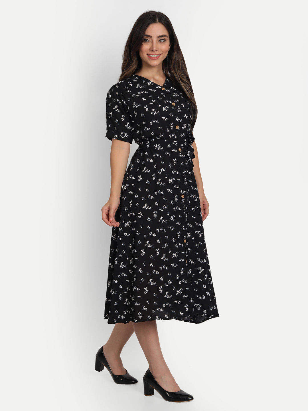 FLORAL PRINTED MIDI DRESS-BLACK