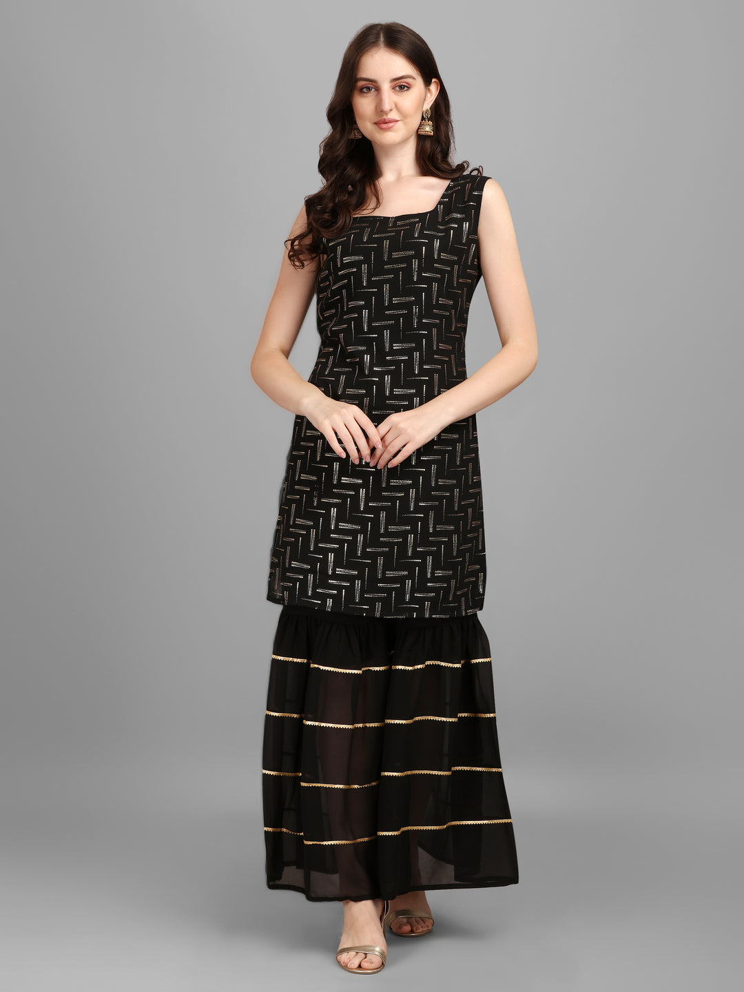 FOIL PRINTED SHARARA SET-BLACK