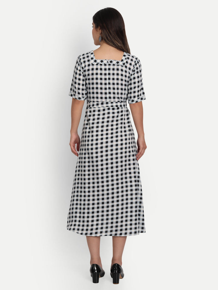 ADORABLE CHECKS  WITH BELT MIDI DRESS -PEACH