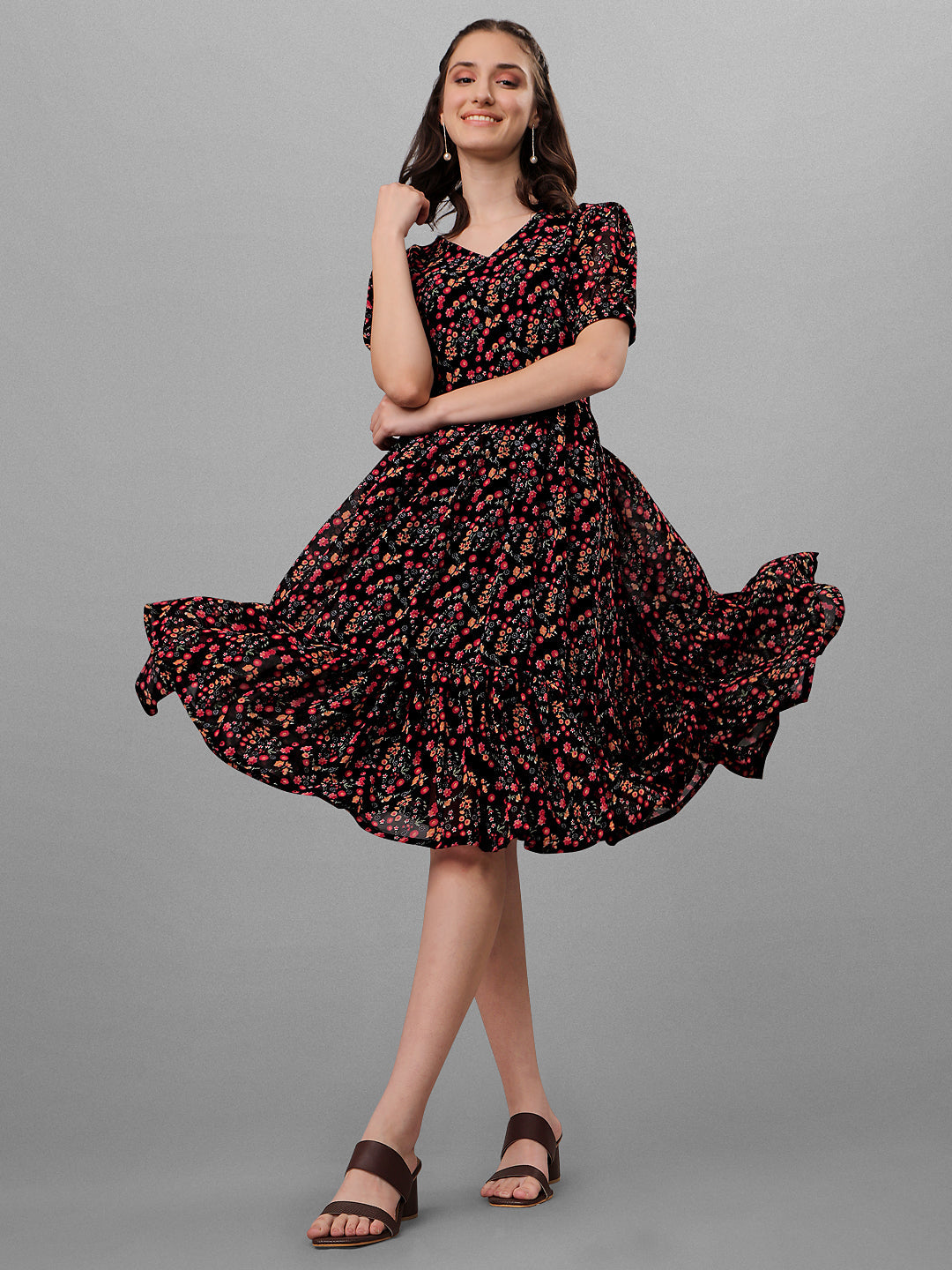 FLORAL PRINTED ELEGANT DROP-WAIST DRESS -MAROON