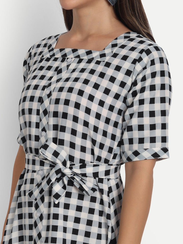 ADORABLE CHECKS  WITH BELT MIDI DRESS -PEACH