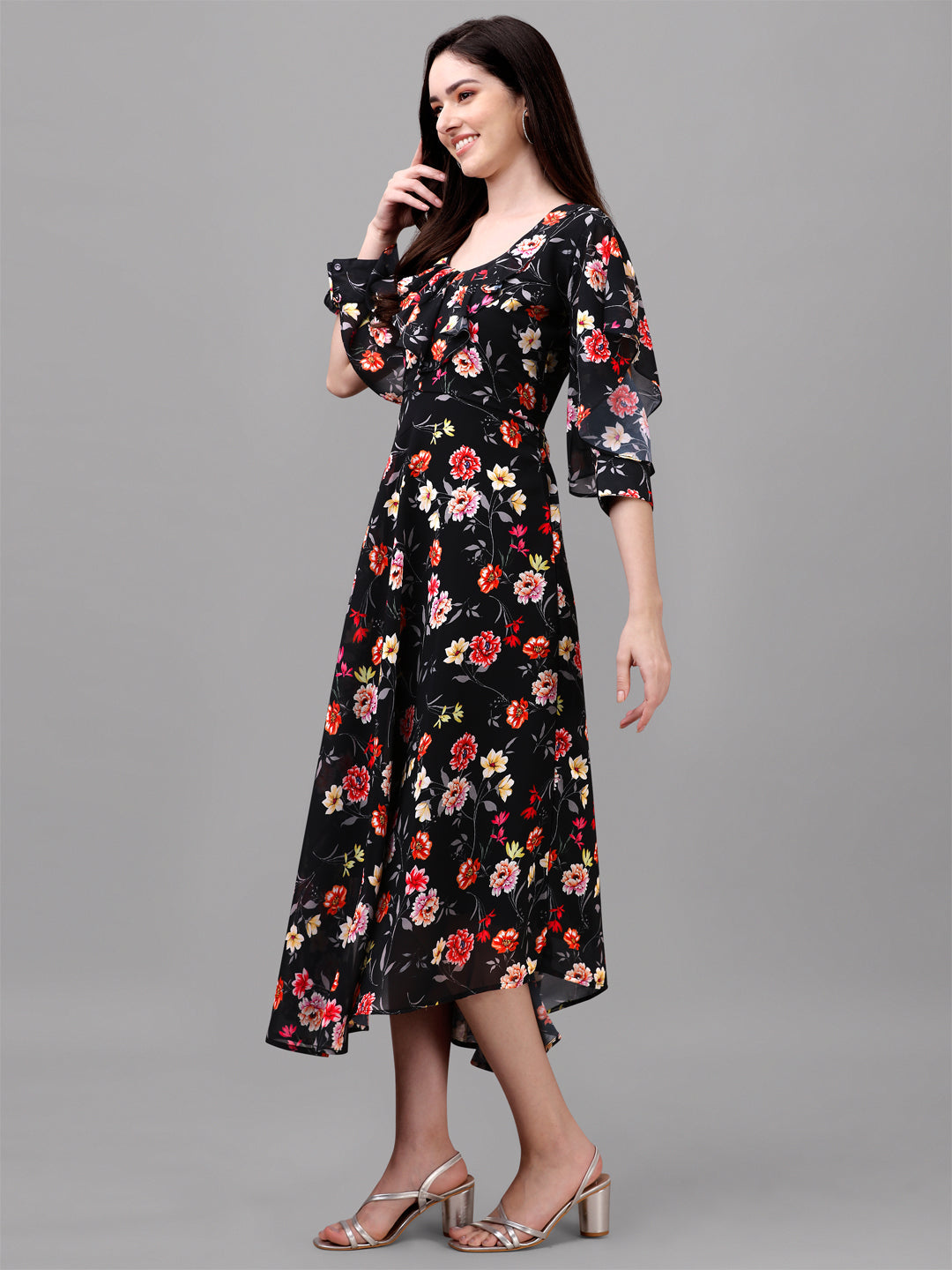 FANCY SLEEVE WITH FLORAL PRINTED GOWN - YELLOW