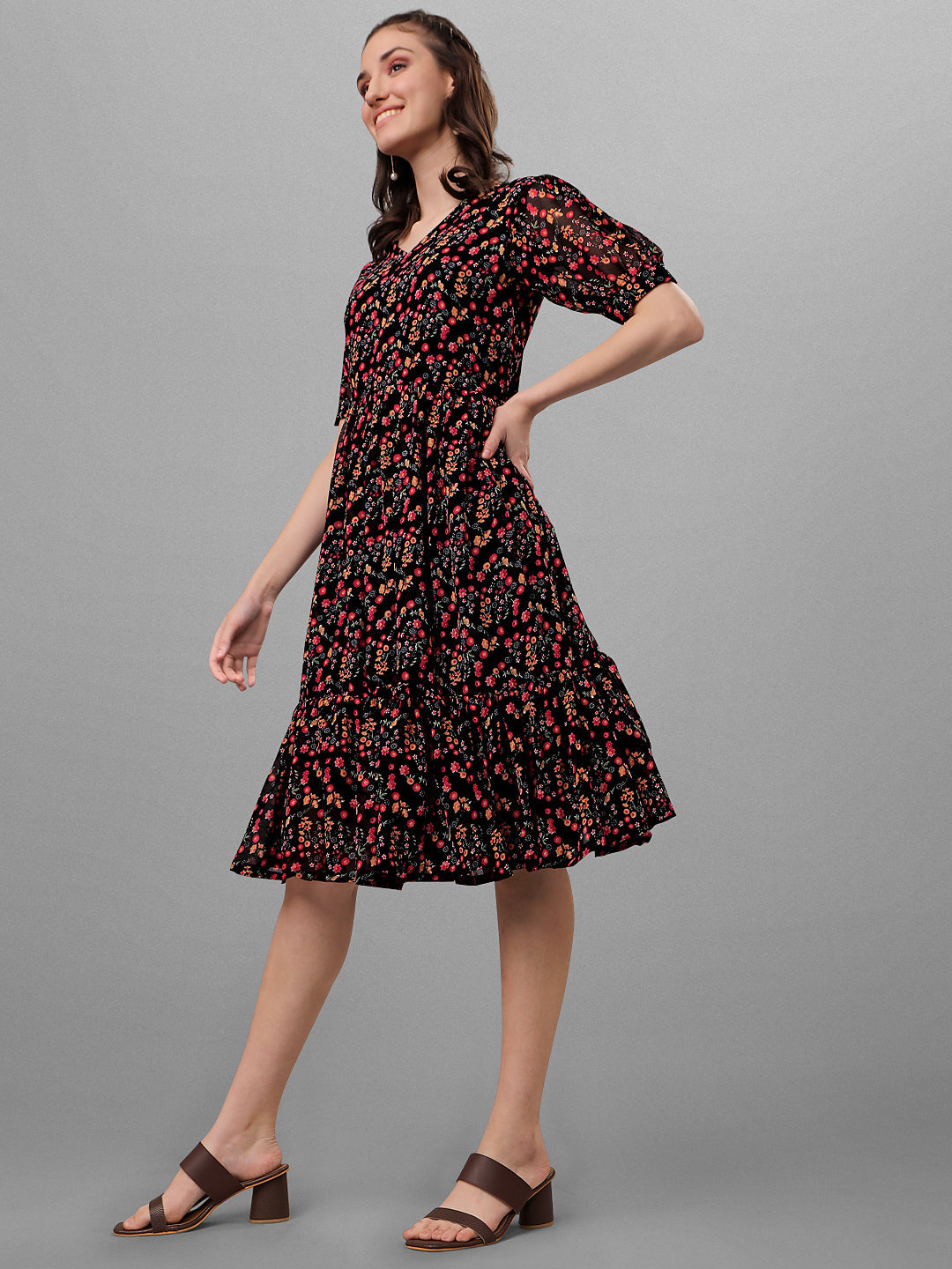 FLORAL PRINTED ELEGANT DROP-WAIST DRESS -MAROON