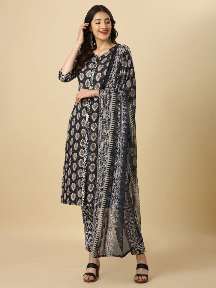 PRINTED KURTI PANT AND DUPATTA SET-YELLOW