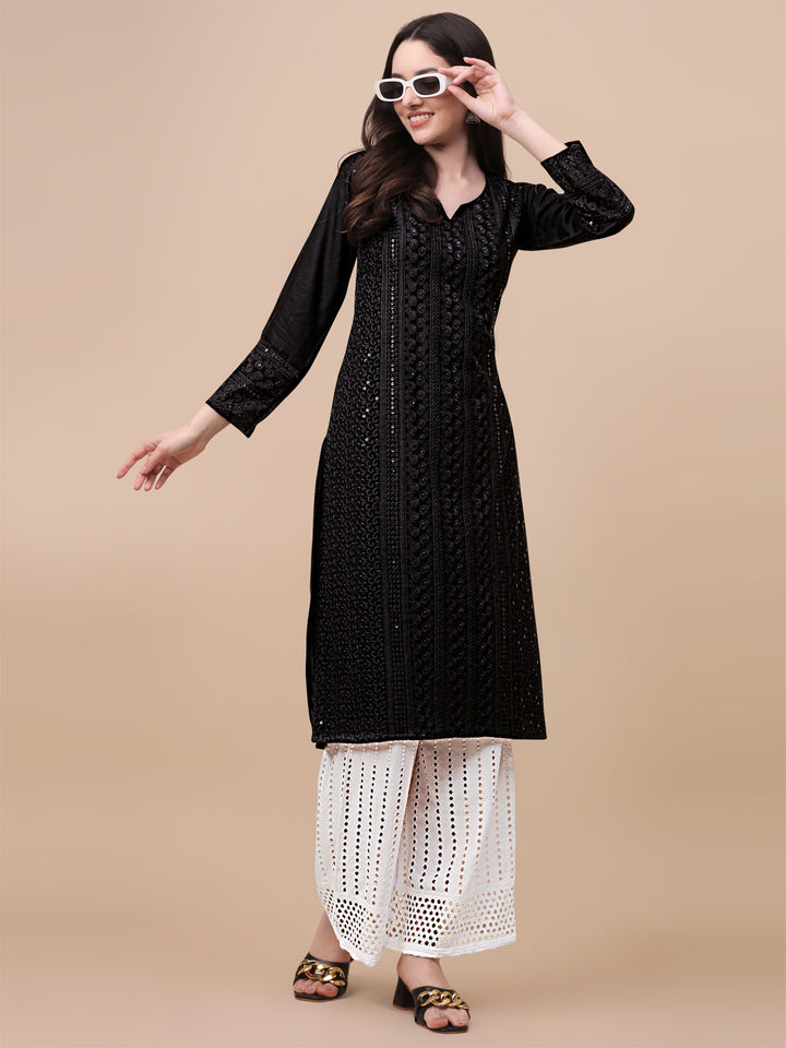 FANCY EMBROIDERY KURTI PALAZZO SET - BLACK