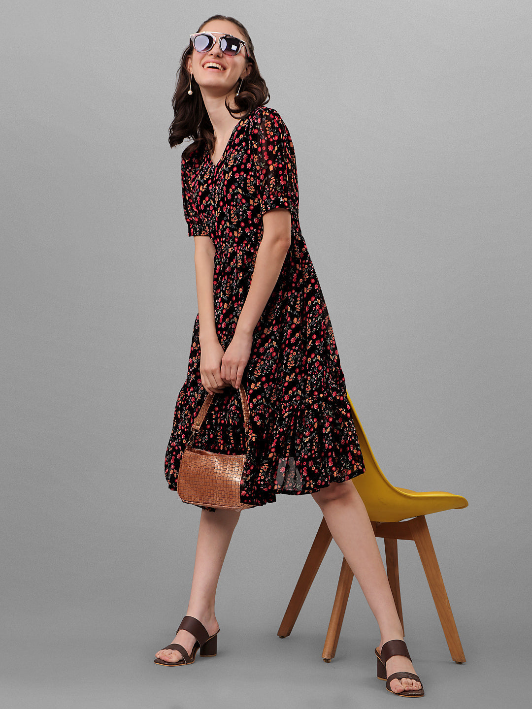 FLORAL PRINTED ELEGANT DROP-WAIST DRESS -MAROON