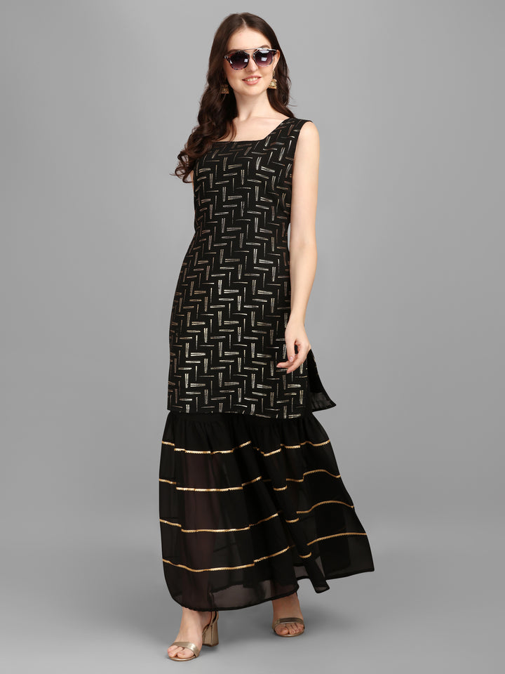 FOIL PRINTED SHARARA SET-BLACK