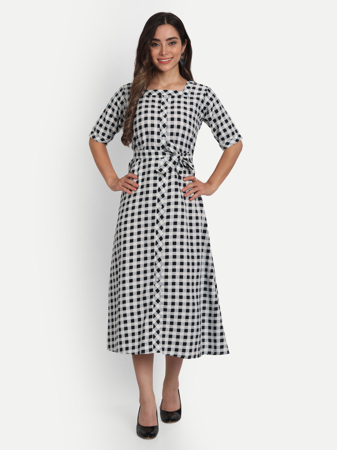 ADORABLE CHECKS  WITH BELT MIDI DRESS -PEACH