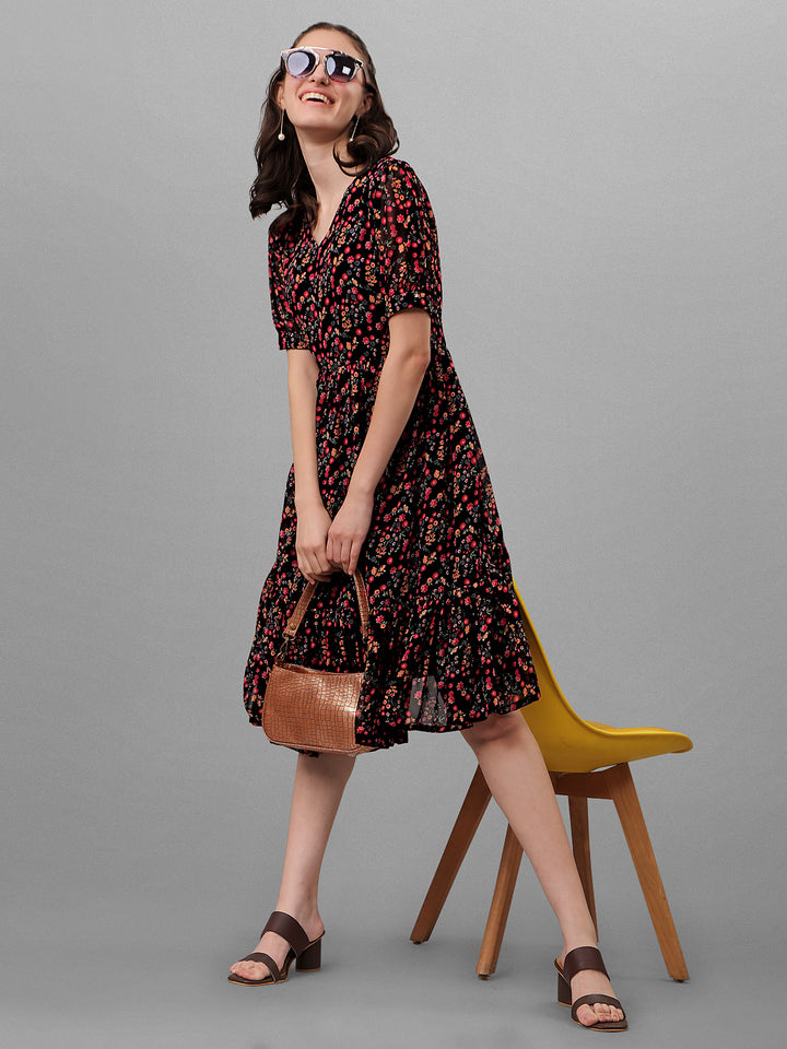 FLORAL PRINTED ELEGANT DROP-WAIST DRESS - BLACK