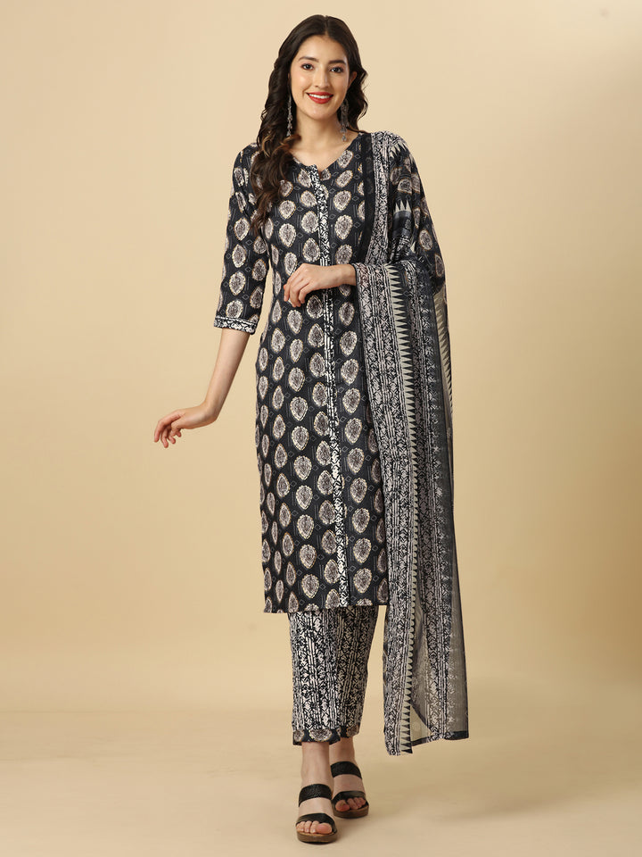 PRINTED KURTI PANT AND DUPATTA SET-BLACK