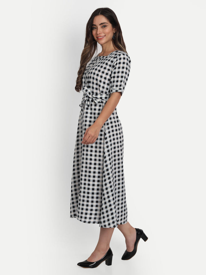 ADORABLE CHECKS  WITH BELT MIDI DRESS -PEACH