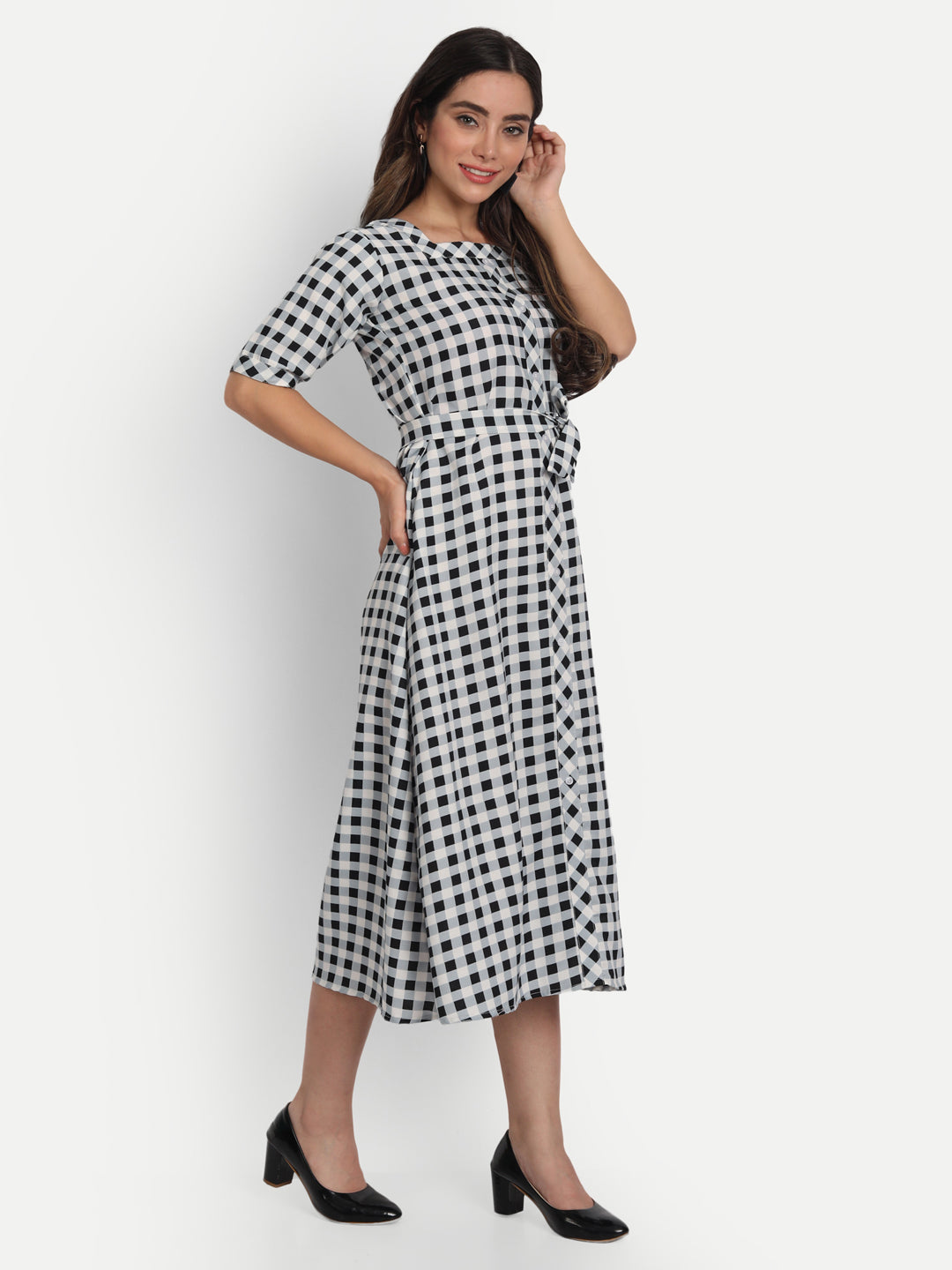 ADORABLE CHECKS  WITH BELT MIDI DRESS -PEACH